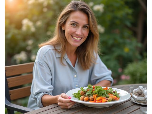 Woman enjoying a mindful meal outdoors, healthy food